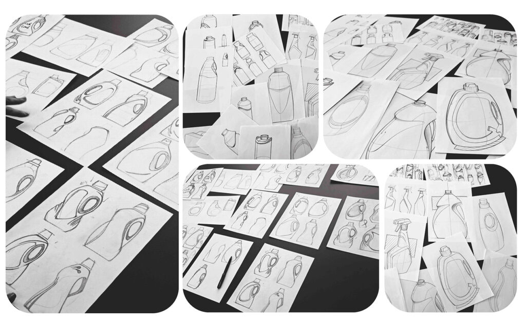 در گام نخست، طراحی بطری مایع لباسشویی در دستور کار قرار گرفت و در طول فرآیند طراحی، مسیرهای مفهومی و فرمی متعددی بررسی و توسعه داده شد. در این مسیر، پارامترهای مختلفی از جمله طراحی هویت فرمی نوآورانه متناسب با شخصیت محصولات مایع لباسشویی و ایجاد نشانه‌های فرمی شاخص مورد توجه قرار گرفت؛ به‌گونه‌ای که بسته‌بندی حتی بدون حضور لیبل، قابلیت شناسایی سریع و متمایز در قفسه‌های فروشگاه را داشته باشد.